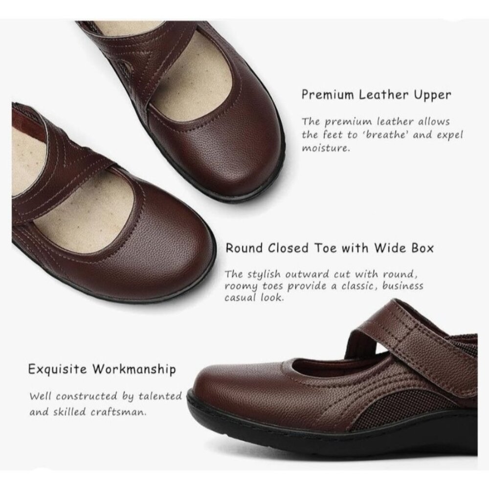Oviaric Womens Brown Leather Mary Jane Shoes US 8.5 Comfort Sole Adj Strap - Picture 11 of 12